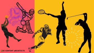 Silhouette of (from left to right) Basketball player, Cricket player, NFL player, Tennis player, Golf player